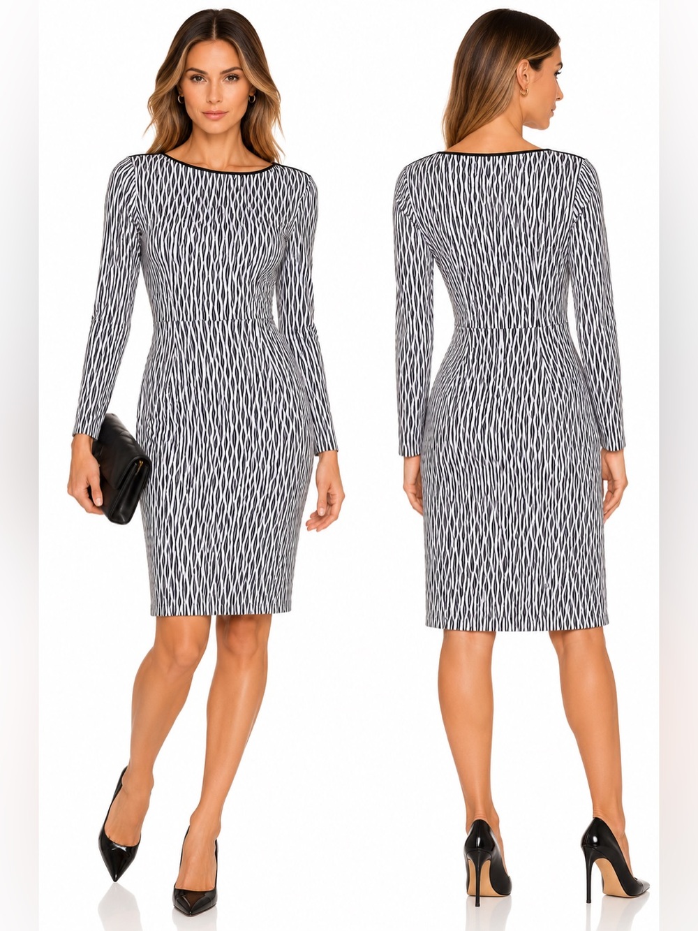 Reiss Auguste Black White Geometric Long Sleeve Sheath Dress Size US 10